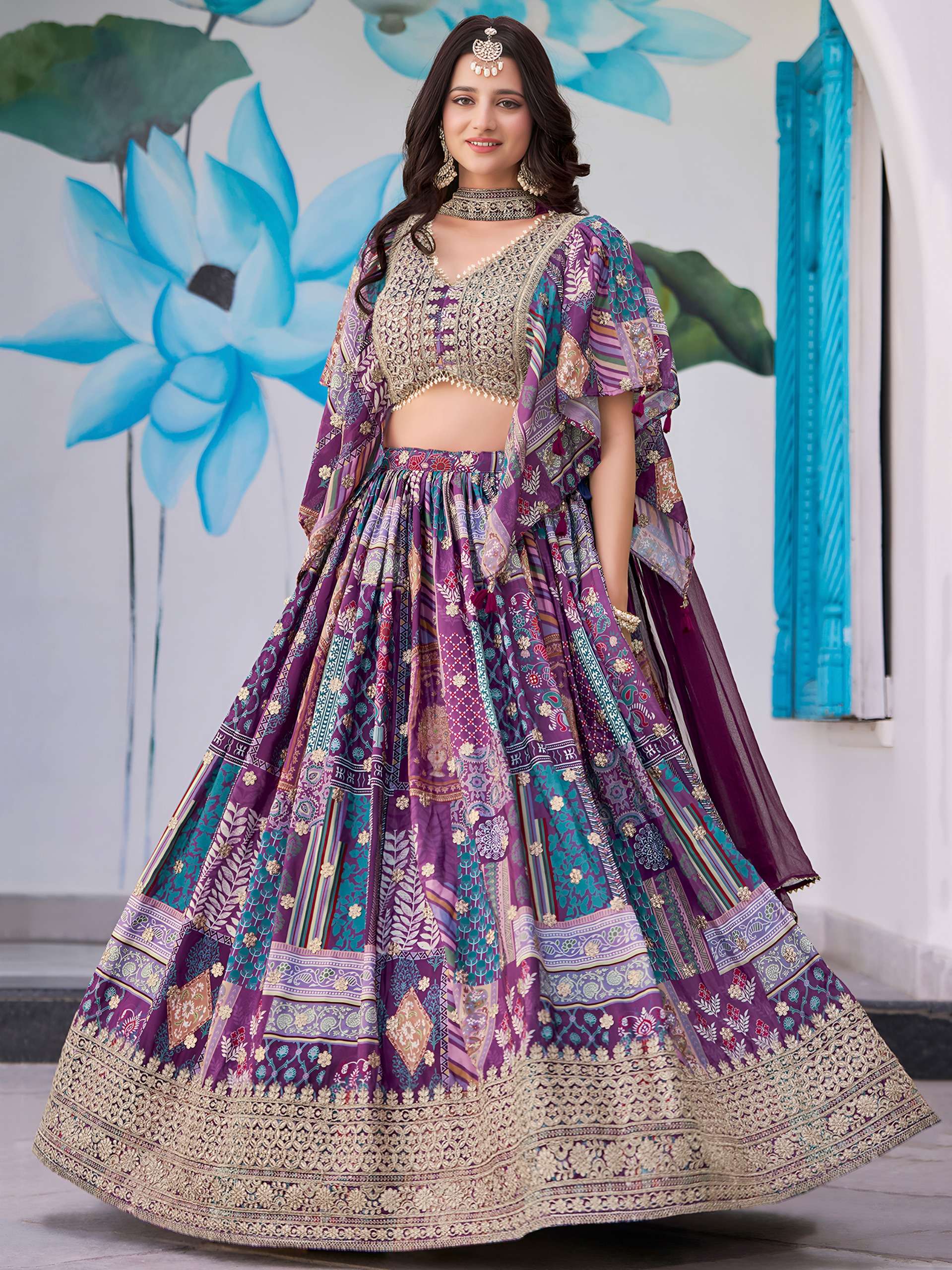  Purple Multicolor flower Printed Lehenga Choli in Chinnon Silk fabric supplier in surat 7050 Purple 